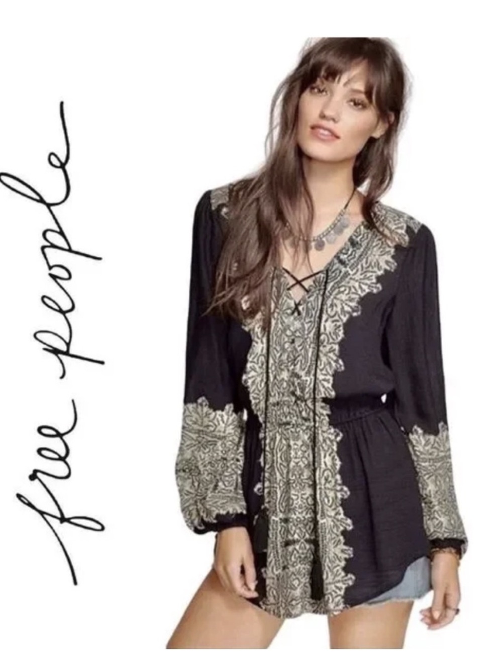Free People Black Tunic with Cream Embroidered Trim